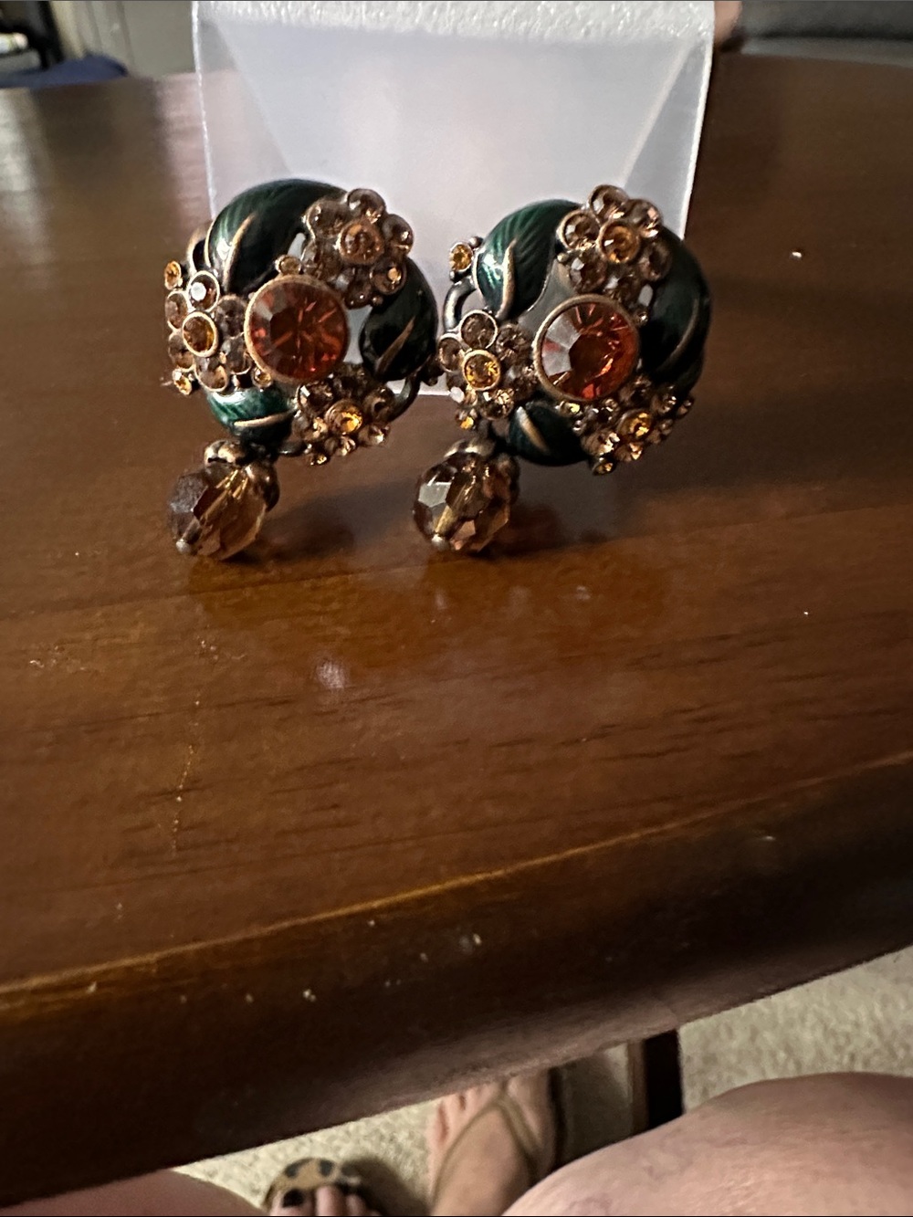 Green and Amber Floral Crystal Drop Earrings